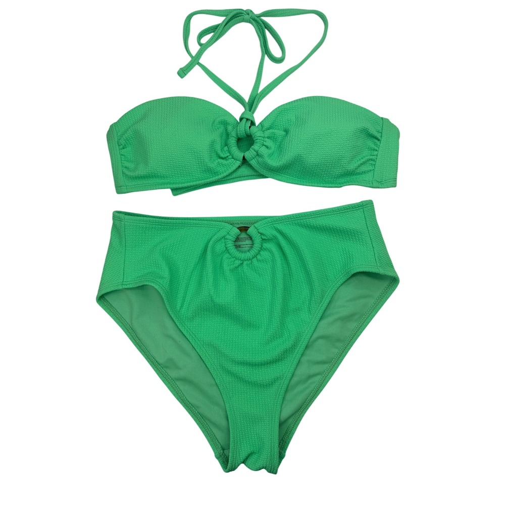 Adore Me Green Textured O-Ring Halter Bikini Set High Waisted Medium Beach Pool‎